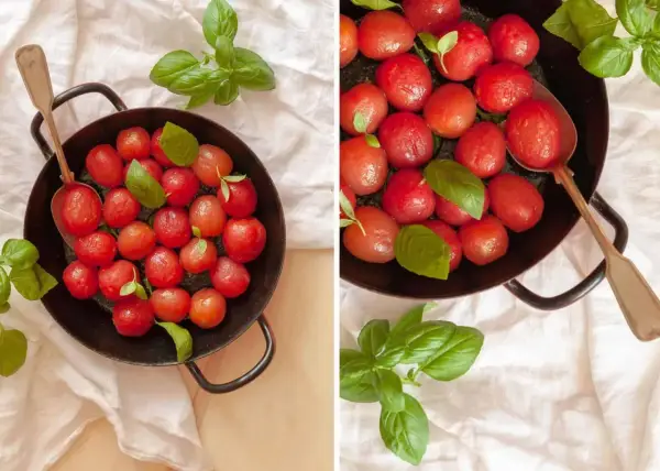 Zarte karamellisierte Tomaten mit frischem Basilikum in einer Pfanne, bereit zum Genießen.